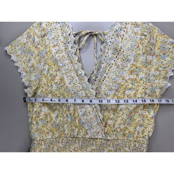 American Eagle Women’s Floral Eyelet Tiered Mini Dress L Yellow Boho Lace Cotton - Picture 4 of 15